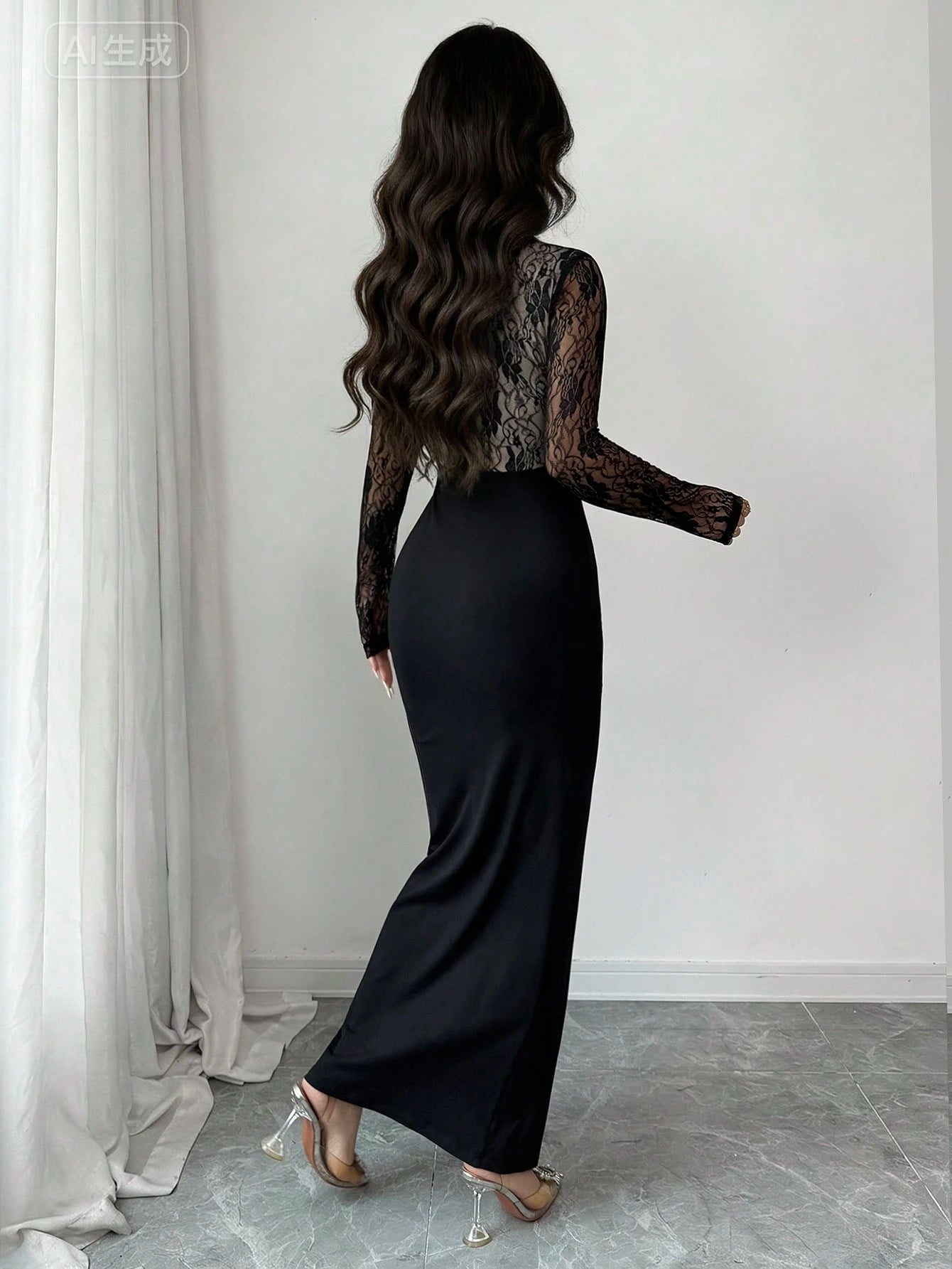 Elenzya Women's Seductive Night Out Black Floral Autumn Lace Patchwork Long Sleeve Cinched Ankle-Length Dress,Suitable For Weddings,Galas,Commuting,Parties