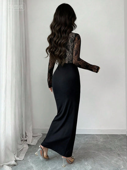 Elenzya Women's Seductive Night Out Black Floral Autumn Lace Patchwork Long Sleeve Cinched Ankle-Length Dress,Suitable For Weddings,Galas,Commuting,Parties