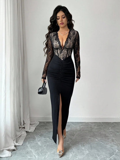 Elenzya Women's Seductive Night Out Black Floral Autumn Lace Patchwork Long Sleeve Cinched Ankle-Length Dress,Suitable For Weddings,Galas,Commuting,Parties