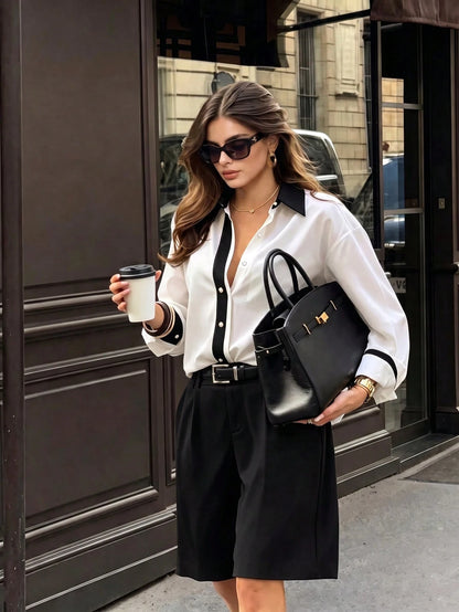 ELVA Women's Autumn Casual Commute Versatile Office Interview Elegant Colorblock Shirt Back To School, Valentine's Day, Beach White