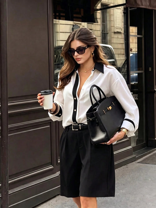 ELVA Women's Autumn Casual Commute Versatile Office Interview Elegant Colorblock Shirt Back To School, Valentine's Day, Beach White