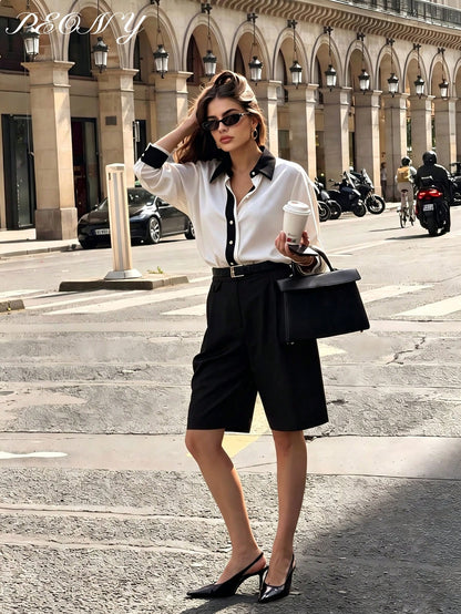 ELVA Women's Autumn Casual Commute Versatile Office Interview Elegant Colorblock Shirt Back To School, Valentine's Day, Beach White