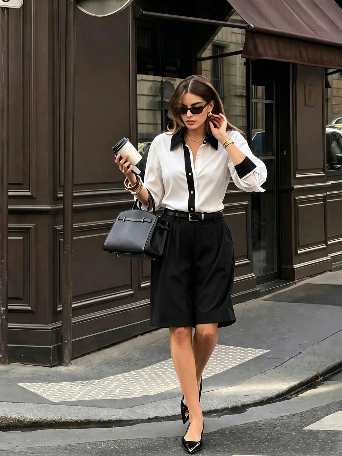ELVA Women's Autumn Casual Commute Versatile Office Interview Elegant Colorblock Shirt Back To School, Valentine's Day, Beach White