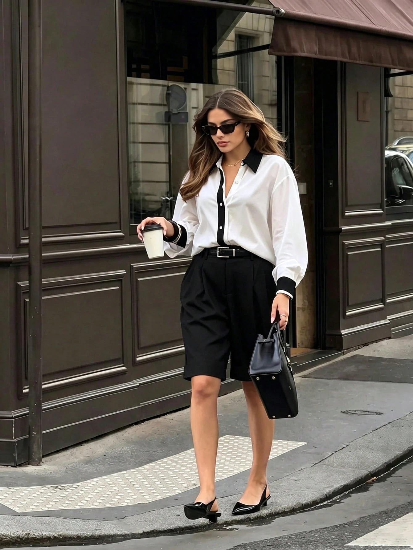 ELVA Women's Autumn Casual Commute Versatile Office Interview Elegant Colorblock Shirt Back To School, Valentine's Day, Beach White