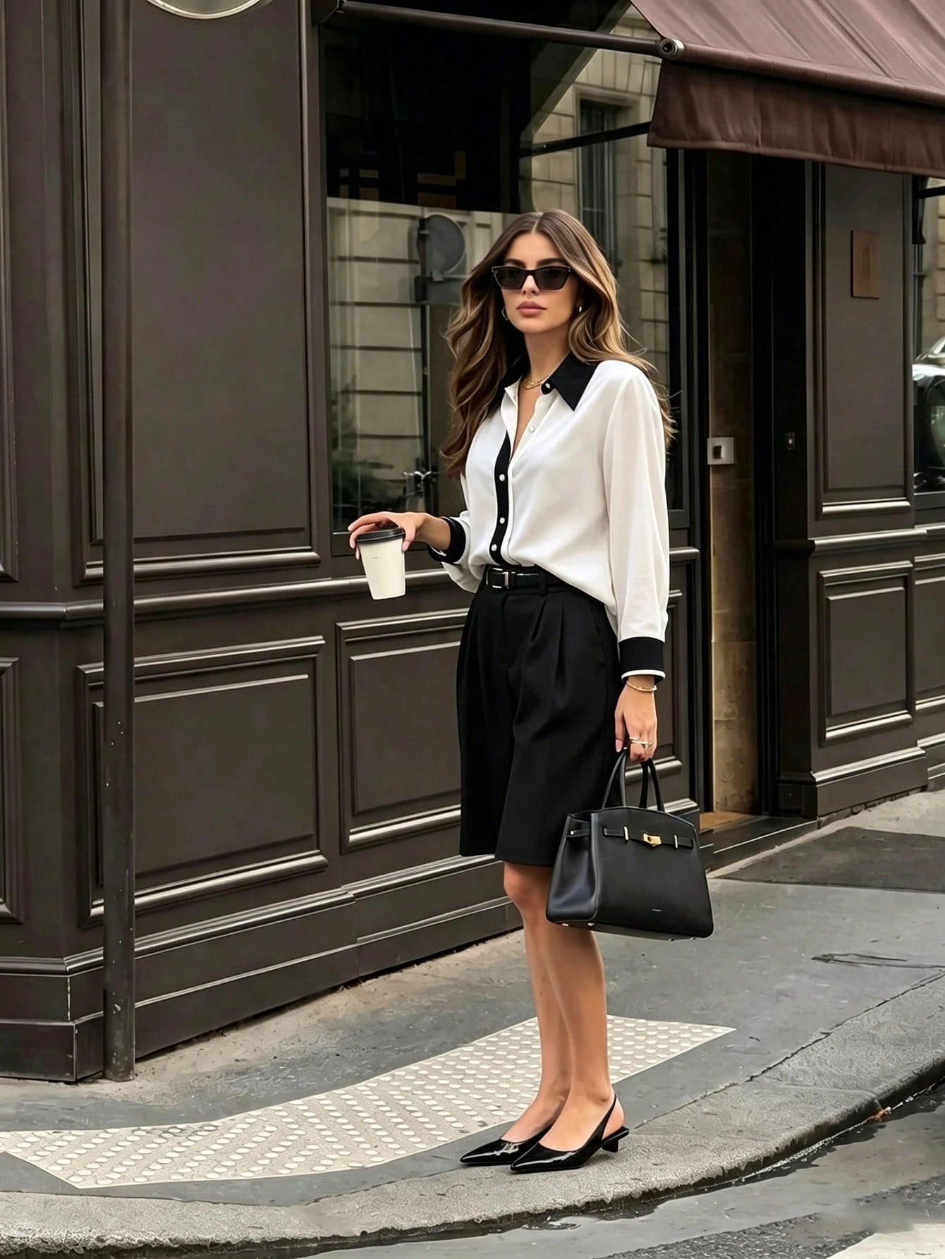 ELVA Women's Autumn Casual Commute Versatile Office Interview Elegant Colorblock Shirt Back To School, Valentine's Day, Beach White