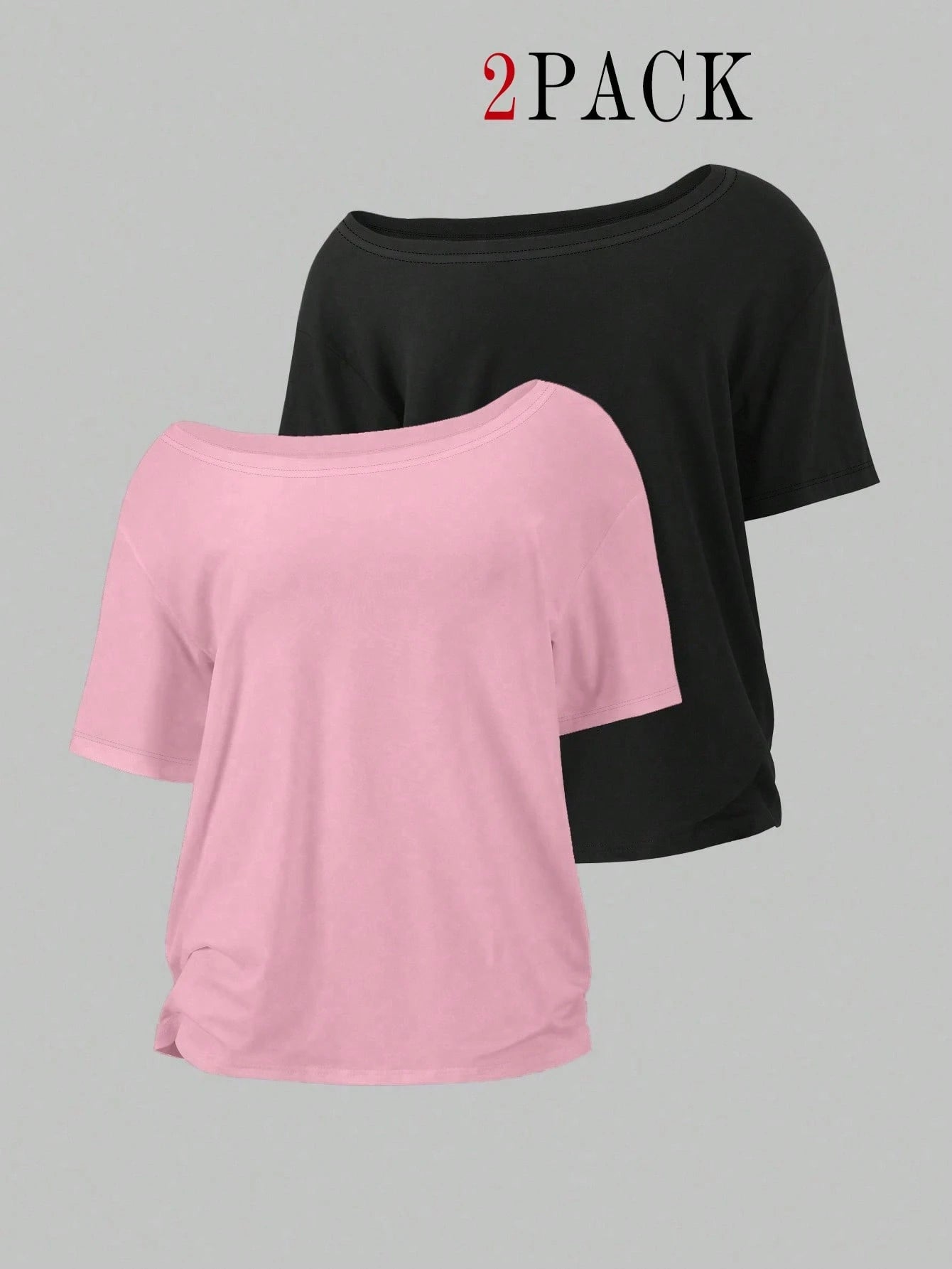 EMERY ROSE 2pcs/Set Oblique Shoulder Loose T-Shirt,Asymmetric Shoulder Off-Shoulder T-Shirt, Plus Size Women's Top