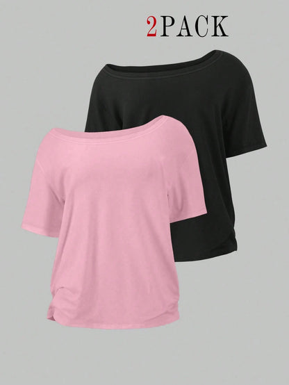 EMERY ROSE 2pcs/Set Oblique Shoulder Loose T-Shirt,Asymmetric Shoulder Off-Shoulder T-Shirt, Plus Size Women's Top