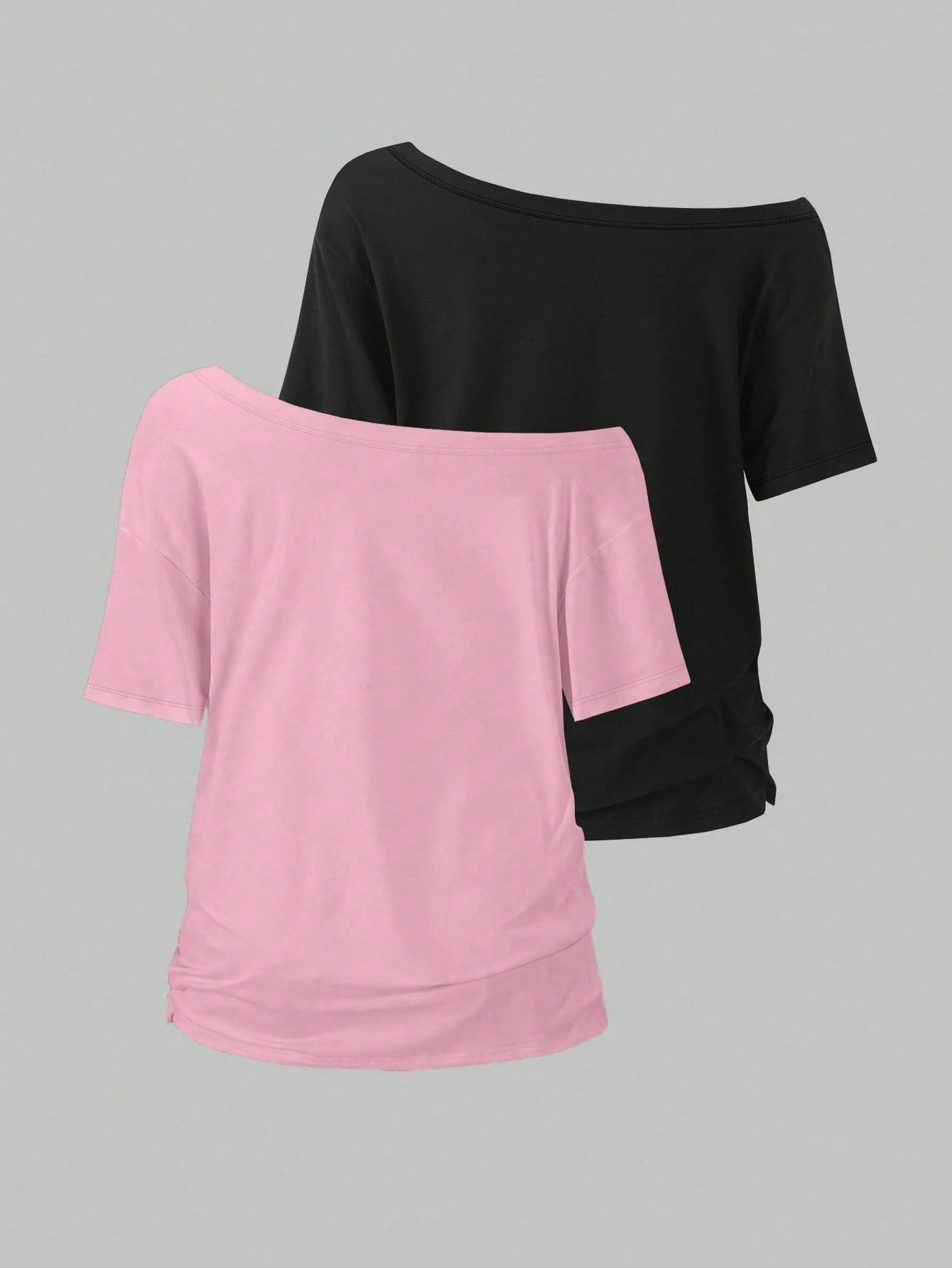 EMERY ROSE 2pcs/Set Oblique Shoulder Loose T-Shirt,Asymmetric Shoulder Off-Shoulder T-Shirt, Plus Size Women's Top