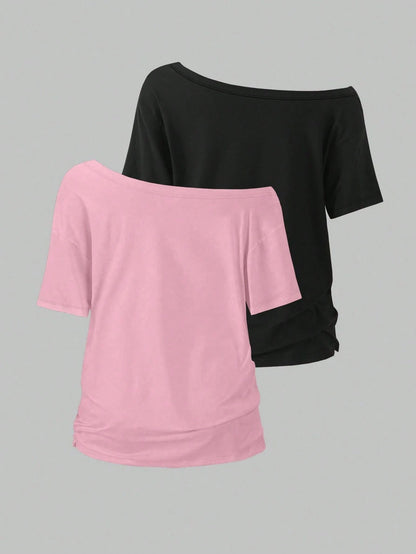 EMERY ROSE 2pcs/Set Oblique Shoulder Loose T-Shirt,Asymmetric Shoulder Off-Shoulder T-Shirt, Plus Size Women's Top