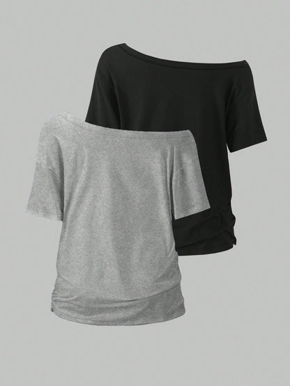 EMERY ROSE 2pcs/Set Oblique Shoulder Loose T-Shirt,Asymmetric Shoulder Off-Shoulder T-Shirt, Plus Size Women's Top