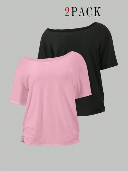 EMERY ROSE 2pcs/Set Oblique Shoulder Loose T-Shirt,Asymmetric Shoulder Off-Shoulder T-Shirt, Plus Size Women's Top