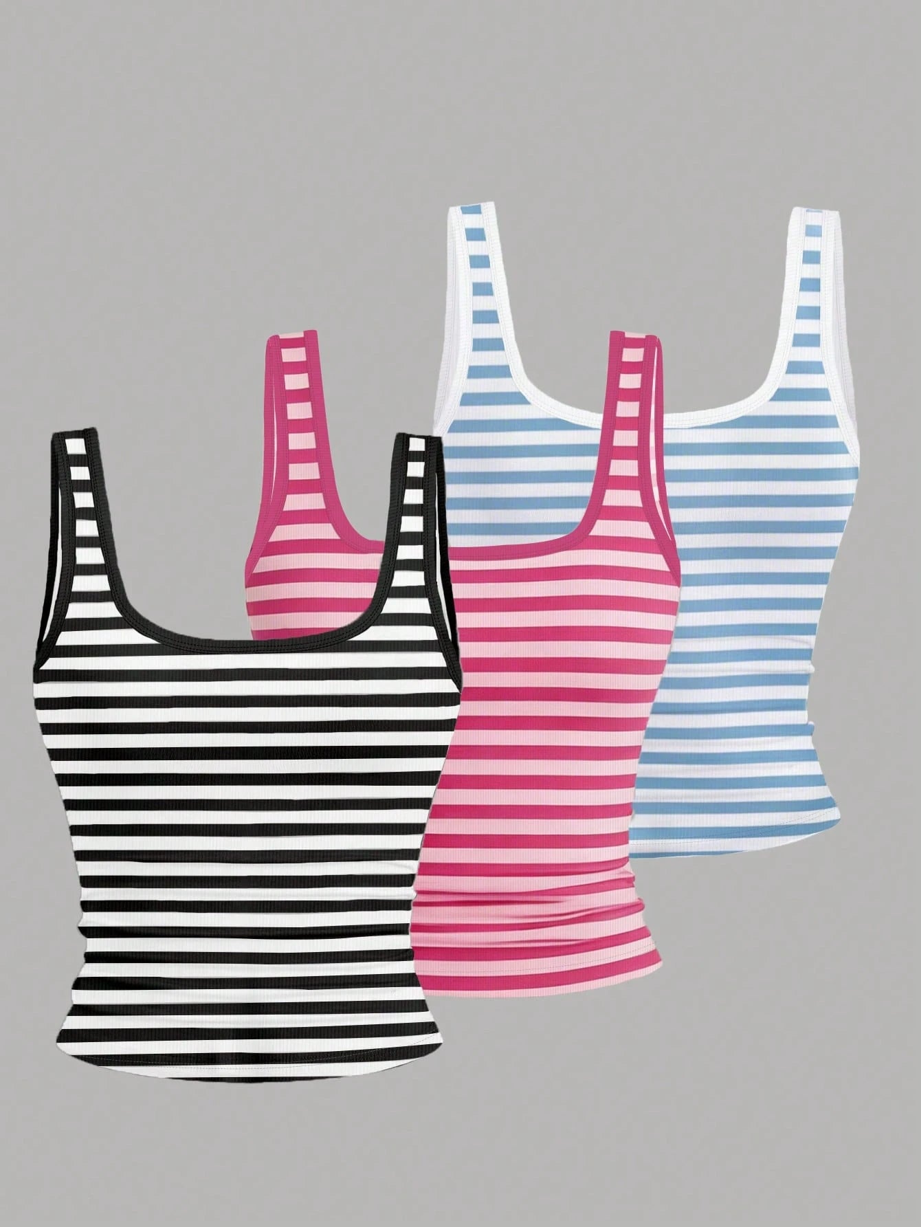 EMERY ROSE 3pcs Plus Size Women's Casual Solid Color & Full Printed Pattern Sleeveless Vest Set, Summer