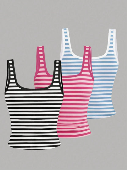 EMERY ROSE 3pcs Plus Size Women's Casual Solid Color & Full Printed Pattern Sleeveless Vest Set, Summer
