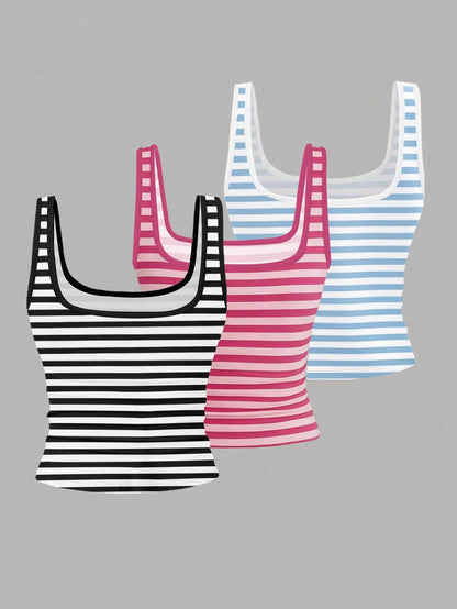 EMERY ROSE 3pcs Plus Size Women's Casual Solid Color & Full Printed Pattern Sleeveless Vest Set, Summer