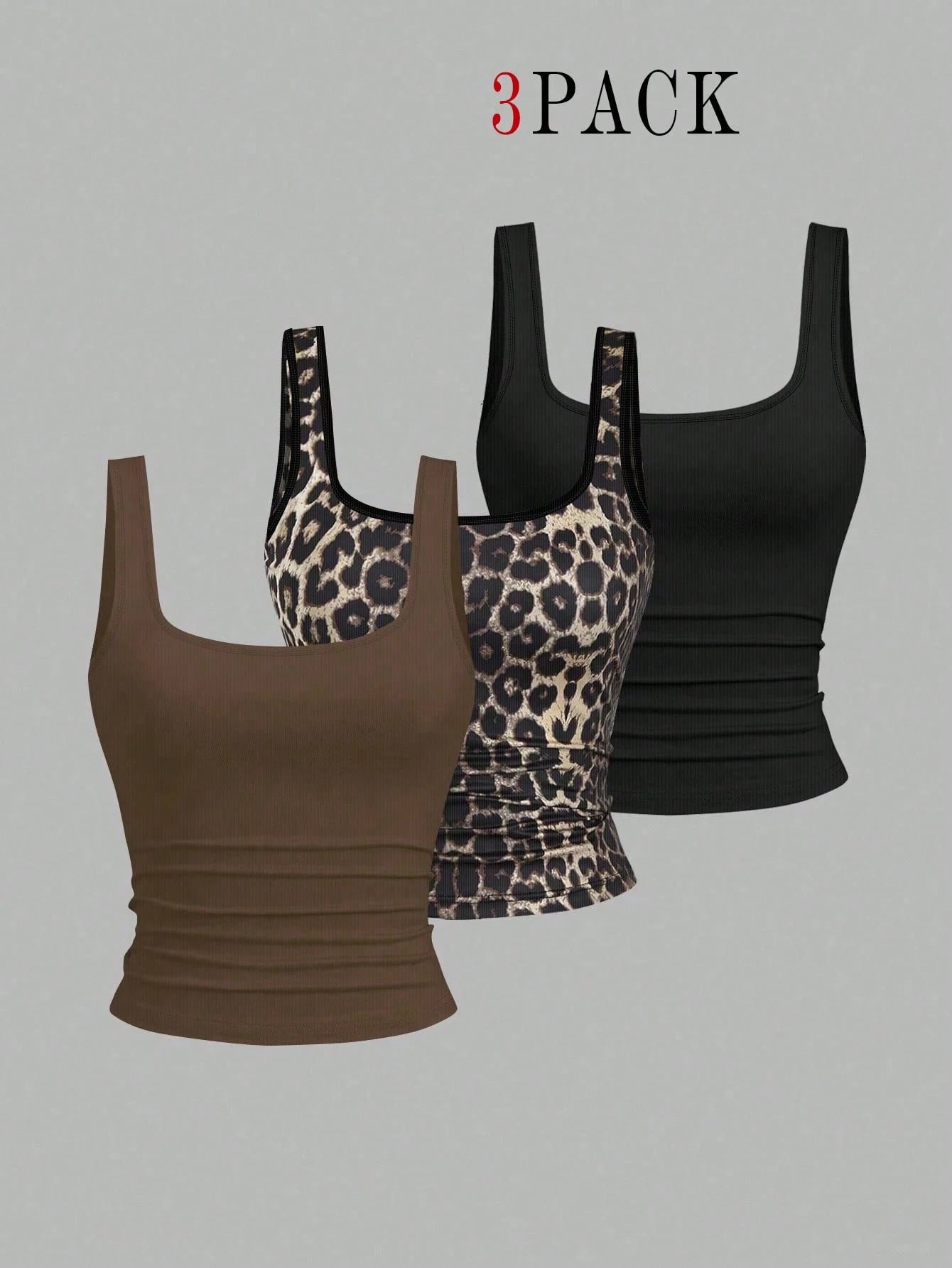 EMERY ROSE 3pcs Plus Size Women's Casual Solid Color & Full Printed Pattern Sleeveless Vest Set, Summer