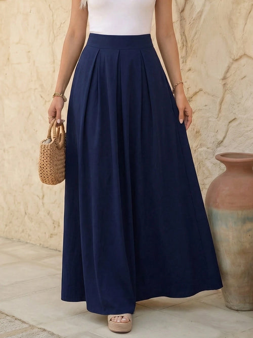 EMERY ROSE A-Line Solid Color High Waist Slant Pocket Navy Blue Maxi Skirt