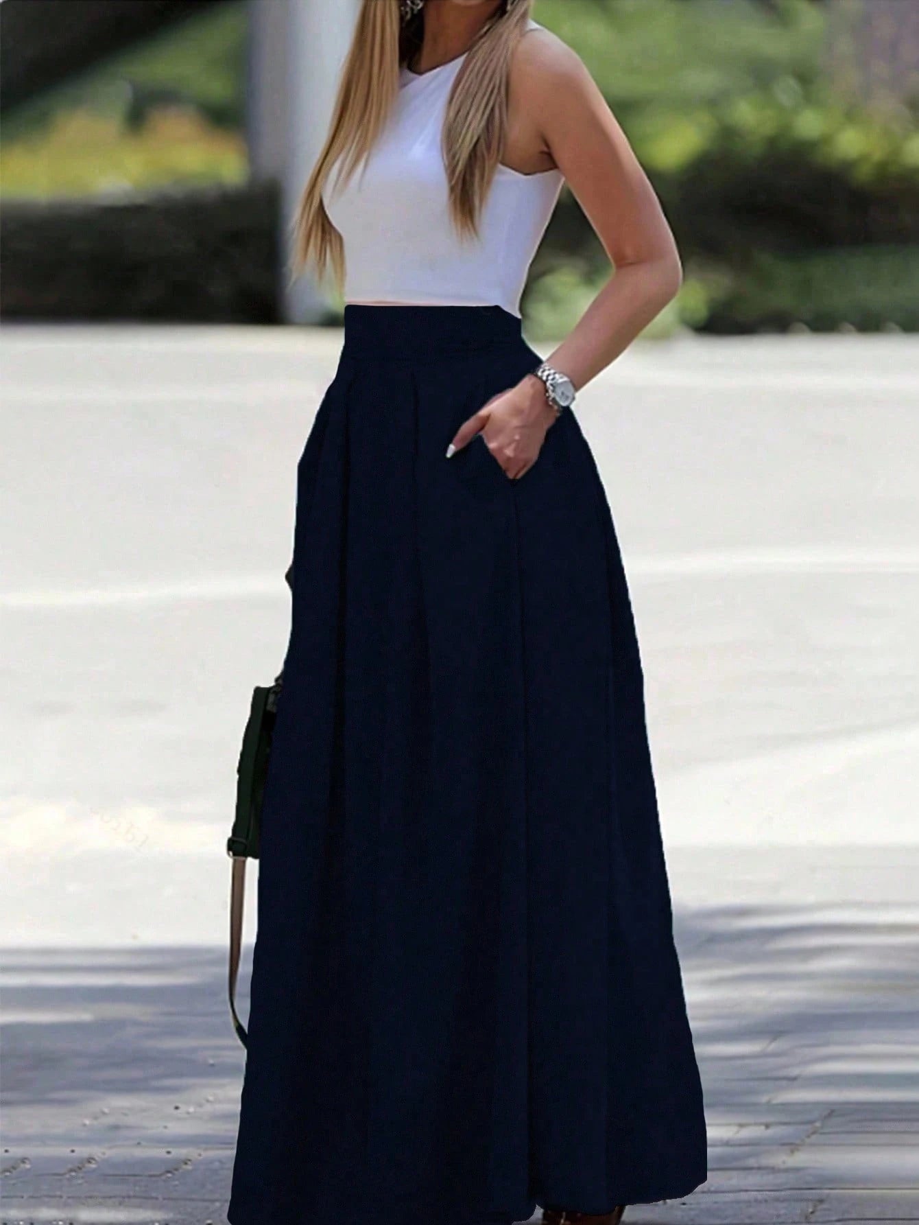 EMERY ROSE A-Line Solid Color High Waist Slant Pocket Navy Blue Maxi Skirt