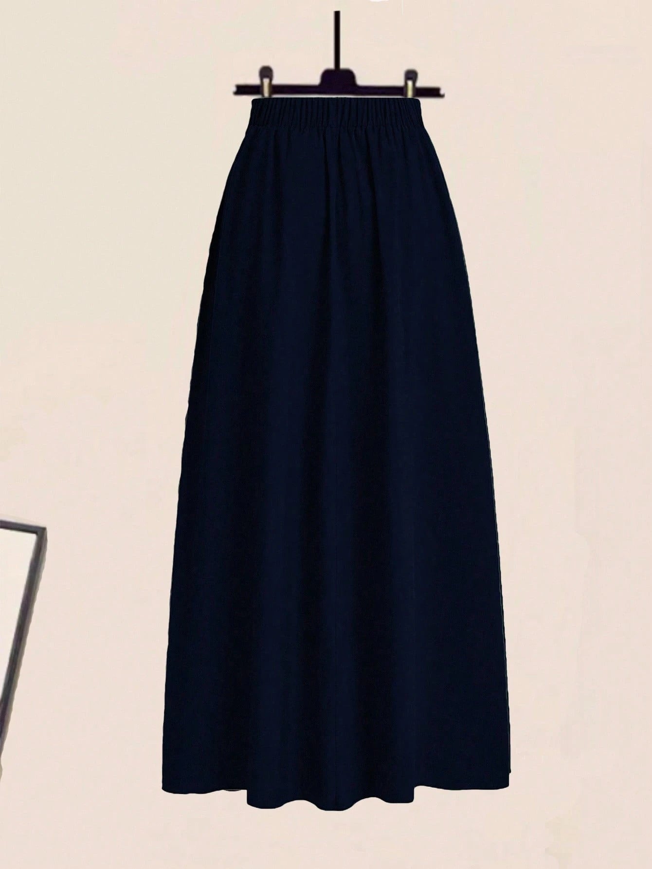 EMERY ROSE A-Line Solid Color High Waist Slant Pocket Navy Blue Maxi Skirt