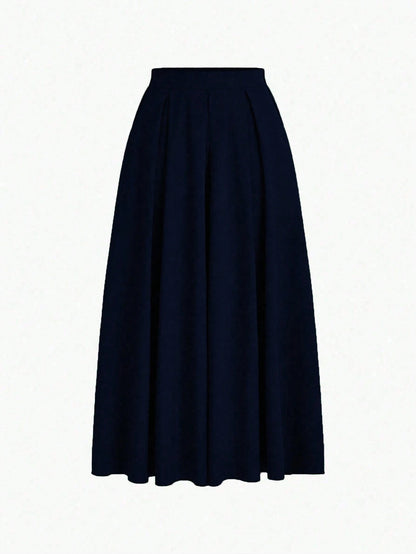 EMERY ROSE A-Line Solid Color High Waist Slant Pocket Navy Blue Maxi Skirt