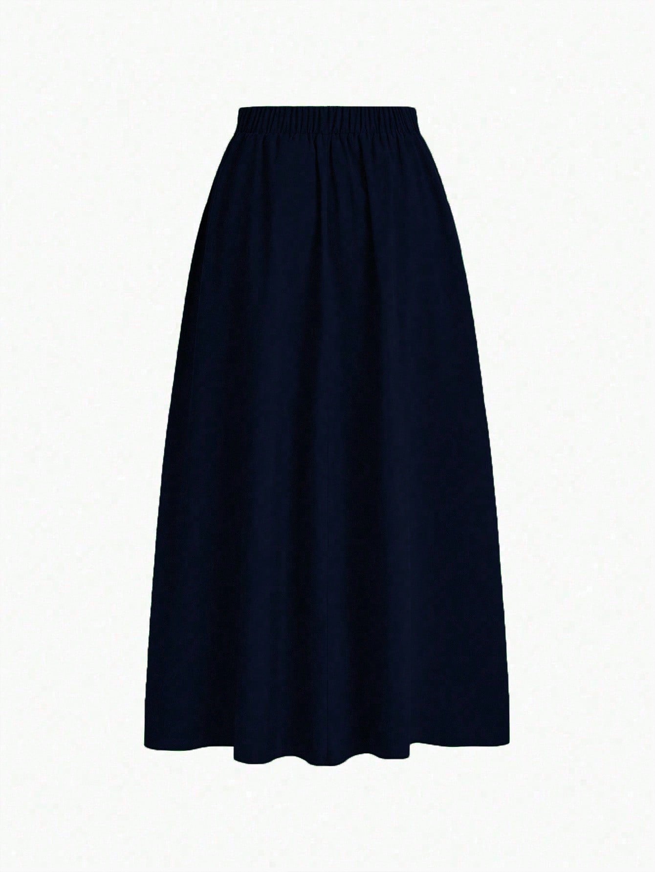 EMERY ROSE A-Line Solid Color High Waist Slant Pocket Navy Blue Maxi Skirt
