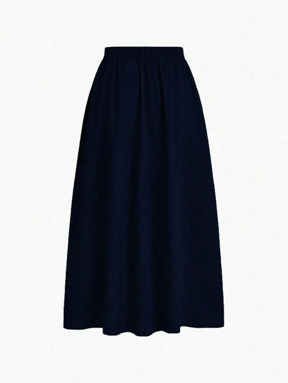 EMERY ROSE A-Line Solid Color High Waist Slant Pocket Navy Blue Maxi Skirt