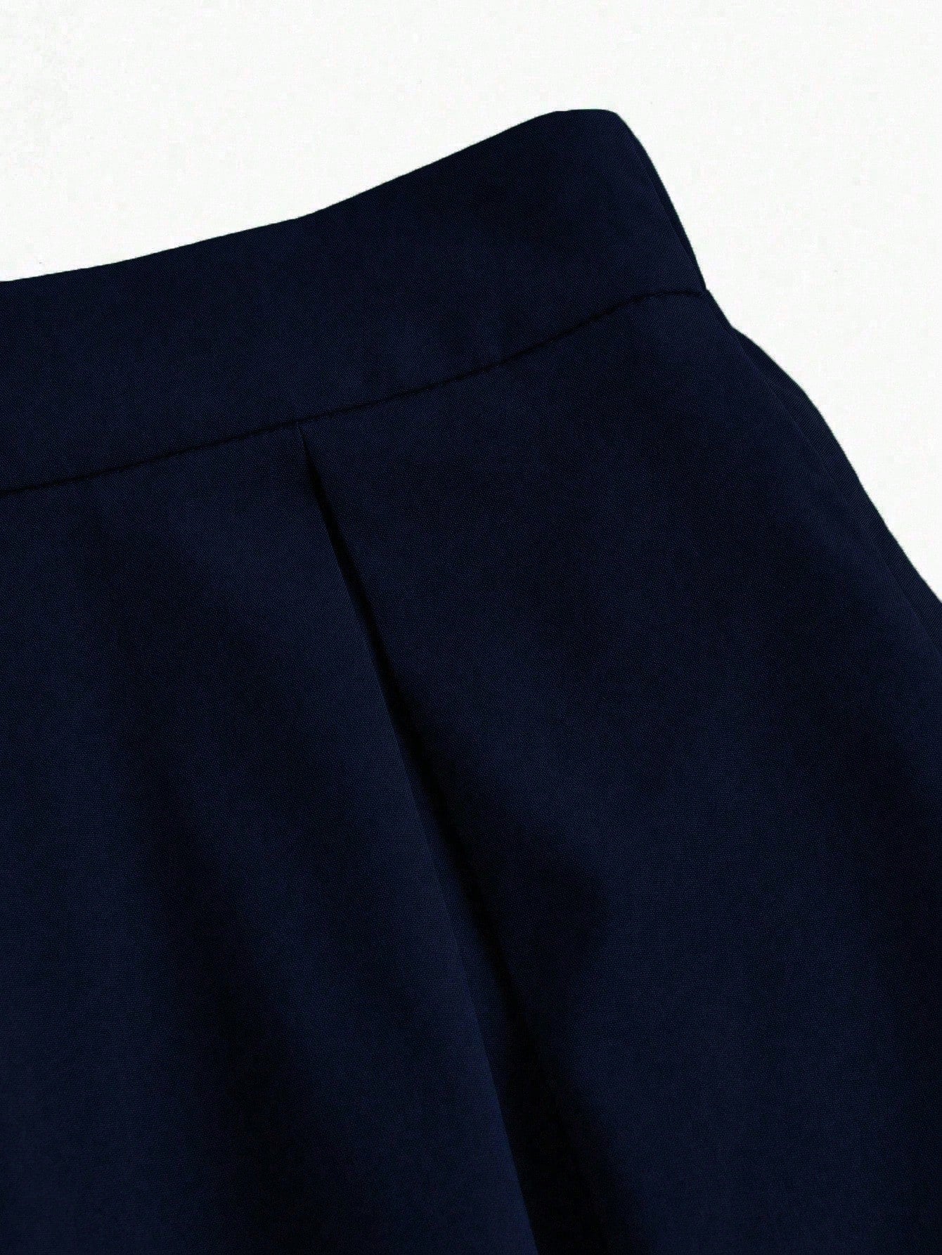 EMERY ROSE A-Line Solid Color High Waist Slant Pocket Navy Blue Maxi Skirt