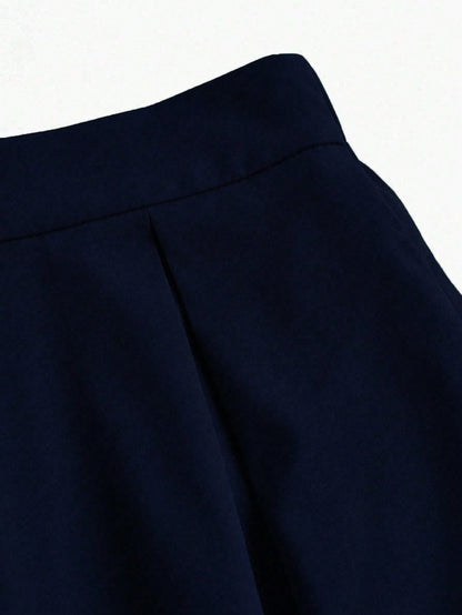 EMERY ROSE A-Line Solid Color High Waist Slant Pocket Navy Blue Maxi Skirt