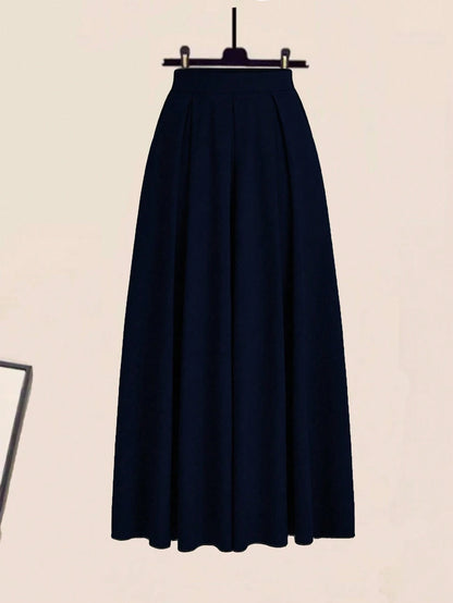 EMERY ROSE A-Line Solid Color High Waist Slant Pocket Navy Blue Maxi Skirt