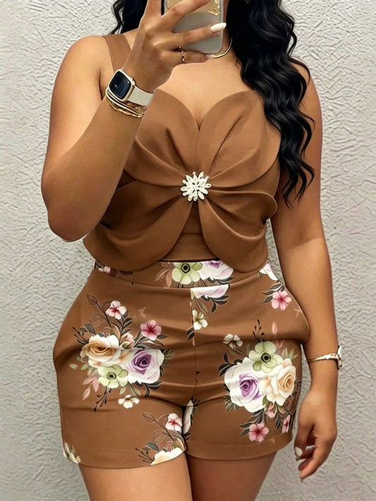 EMERY ROSE Casual Fashion 3D Floral Applique & Flower Print Camisole & Shorts Set