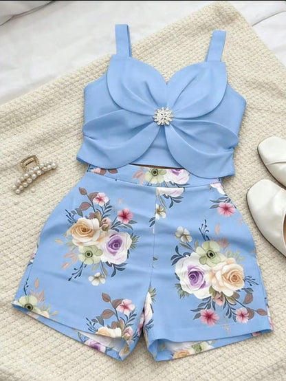 EMERY ROSE Casual Fashion 3D Floral Applique & Flower Print Camisole & Shorts Set