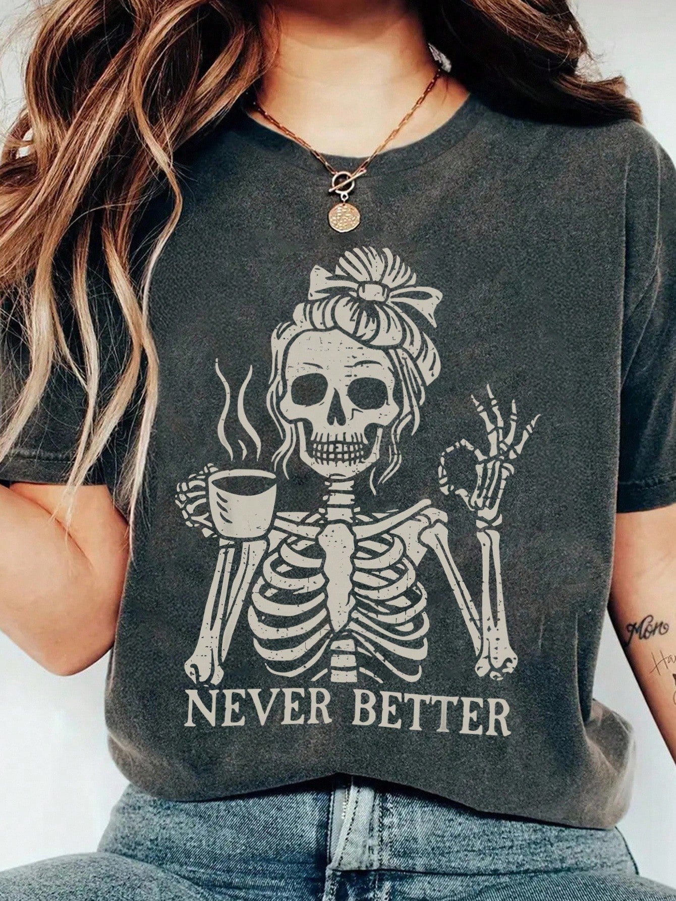 EMERY ROSE Coffee Skull Girl Letter Slogan Round Neck Short Sleeve Fashionable Plus Size Women T-Shirt
