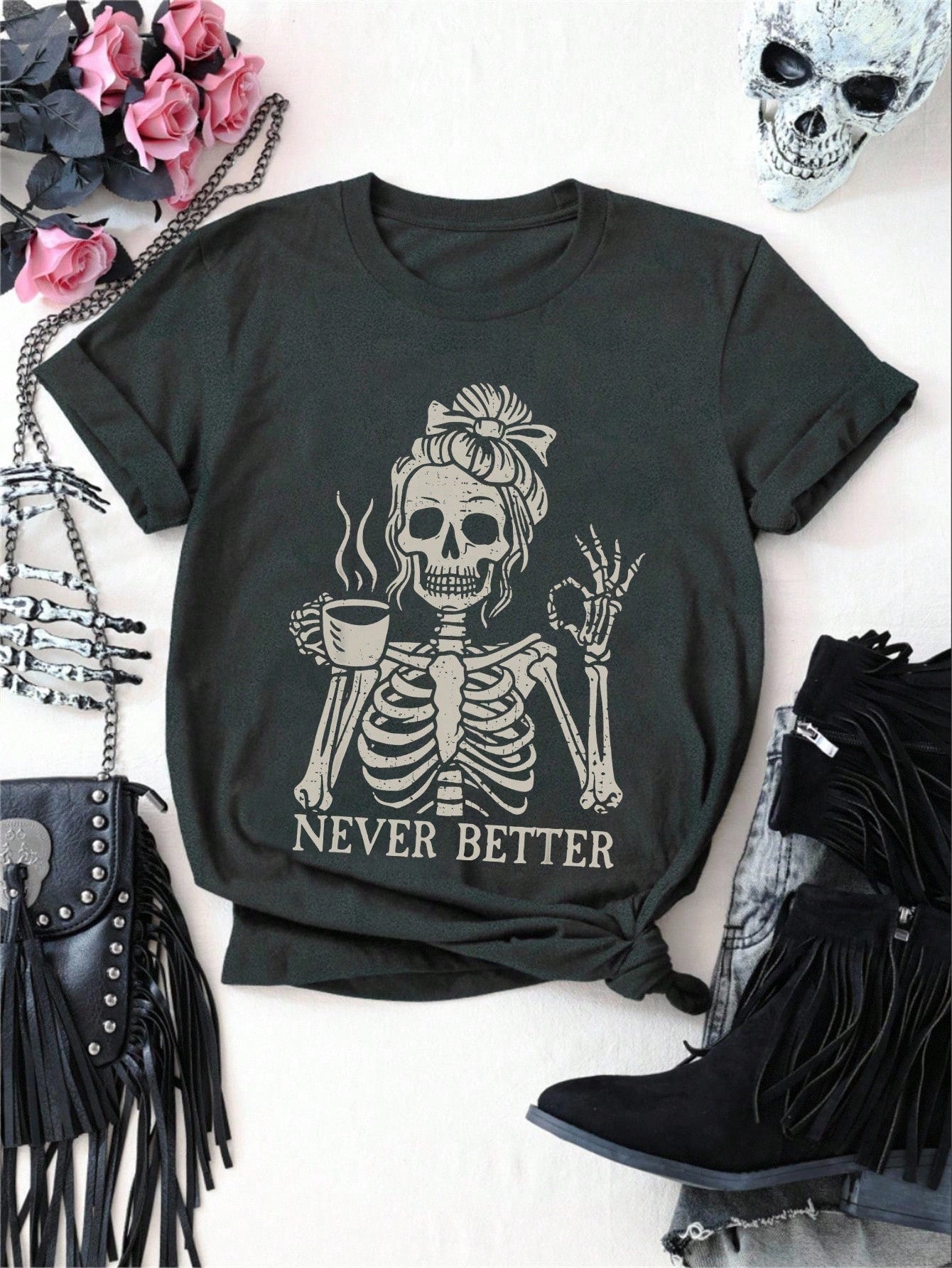 EMERY ROSE Coffee Skull Girl Letter Slogan Round Neck Short Sleeve Fashionable Plus Size Women T-Shirt
