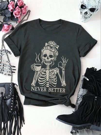 EMERY ROSE Coffee Skull Girl Letter Slogan Round Neck Short Sleeve Fashionable Plus Size Women T-Shirt