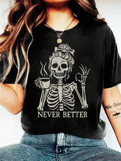 EMERY ROSE Coffee Skull Girl Letter Slogan Round Neck Short Sleeve Fashionable Plus Size Women T-Shirt