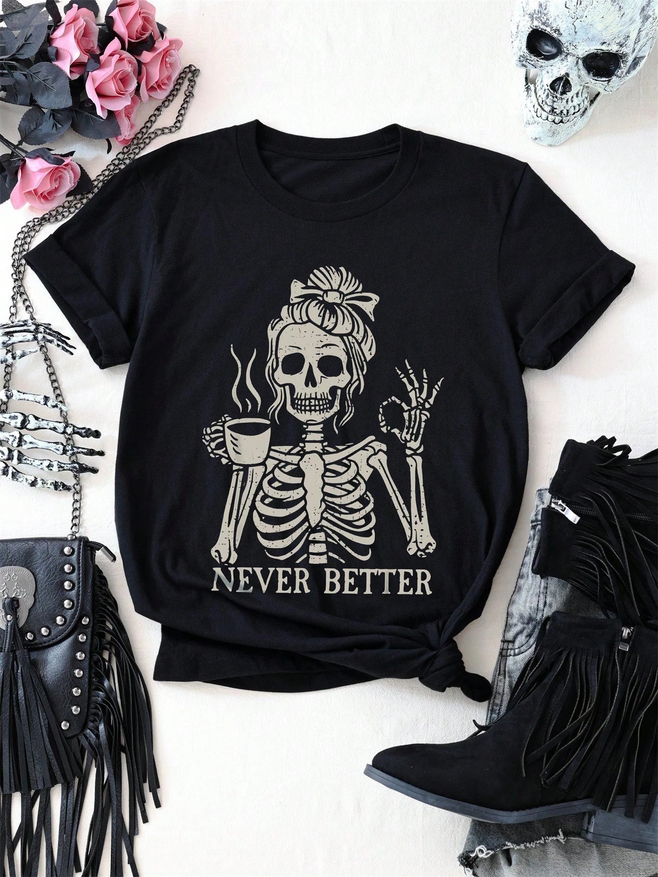 EMERY ROSE Coffee Skull Girl Letter Slogan Round Neck Short Sleeve Fashionable Plus Size Women T-Shirt