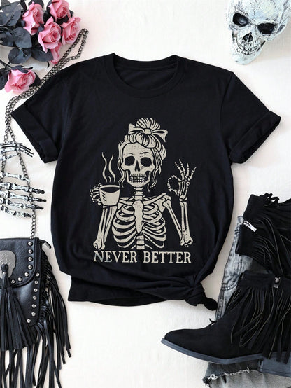EMERY ROSE Coffee Skull Girl Letter Slogan Round Neck Short Sleeve Fashionable Plus Size Women T-Shirt