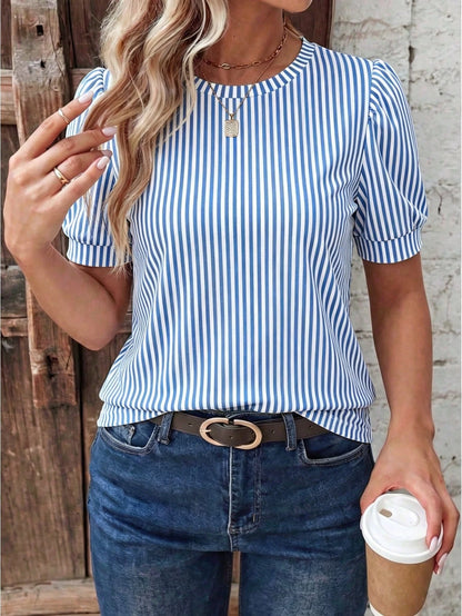 EMERY ROSE CURVE Plus Size T-Shirt New Plus Size Women's Clothing Fashion Casual Versatile Puff Sleeve Striped Round Neck Short Sleeve