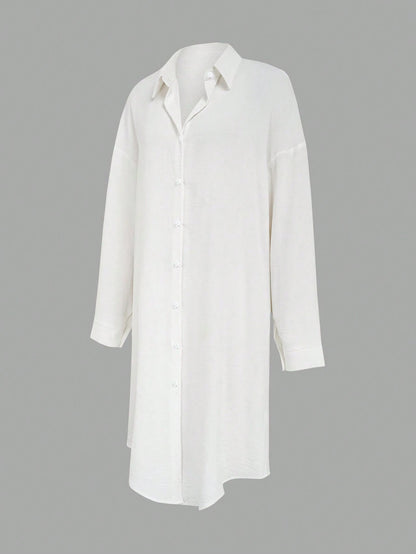 EMERY ROSE LUNE Pleated Long Button Down Women's Shirt With Drop Shoulder Design,Teacher Shirts Fall Cloth For Women