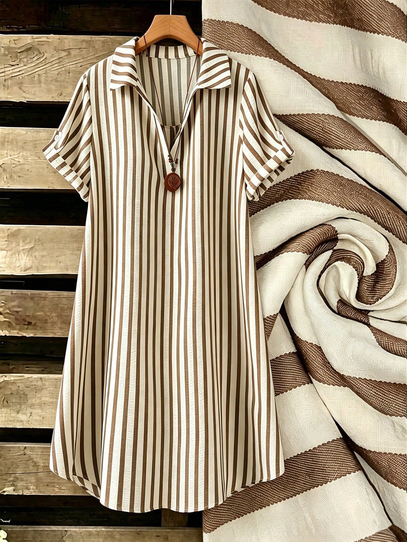 EMERY ROSE New V-Neck Striped Loose Casual Long Button-Down Women's Dress