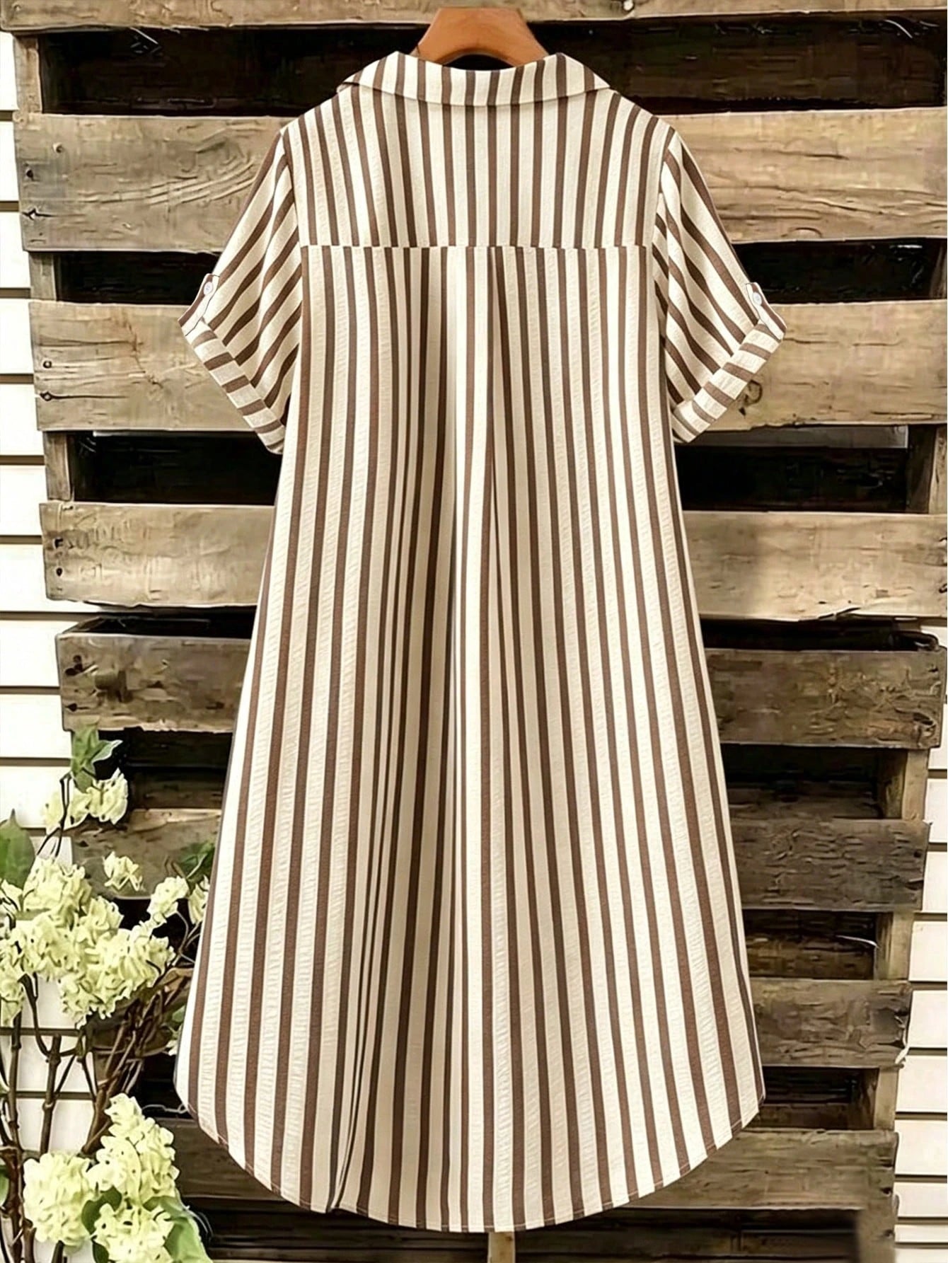 EMERY ROSE New V-Neck Striped Loose Casual Long Button-Down Women's Dress