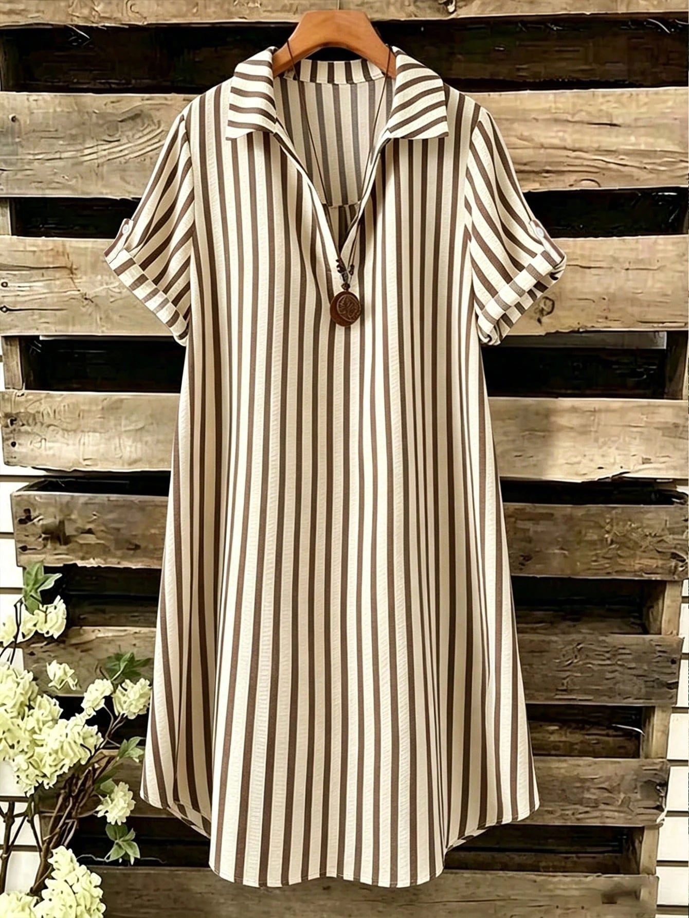 EMERY ROSE New V-Neck Striped Loose Casual Long Button-Down Women's Dress