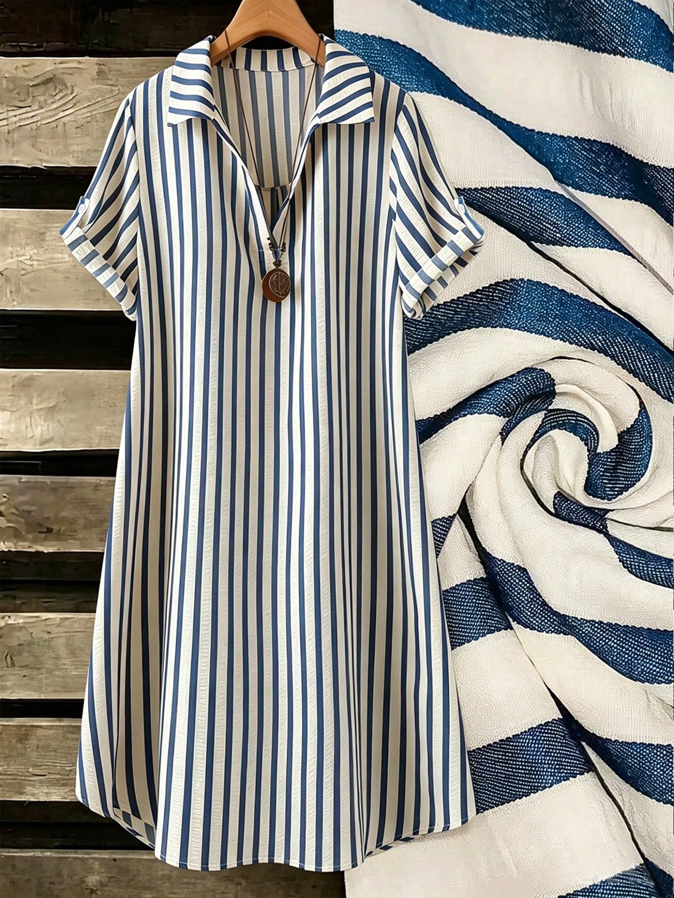 EMERY ROSE New V-Neck Striped Loose Casual Long Button-Down Women's Dress