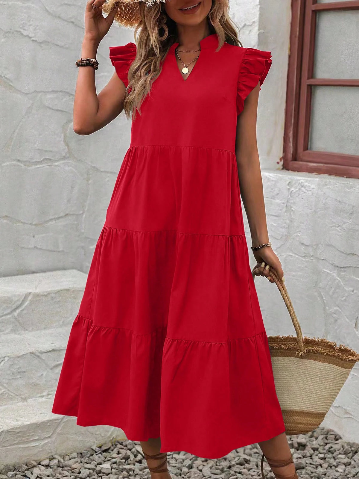 EMERY ROSE Notched Neckline Ruffle Trim Smock Dress For New Year Clothes Maxi Vacation Beach Outfits Women