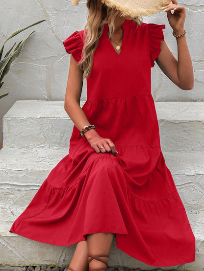 EMERY ROSE Notched Neckline Ruffle Trim Smock Dress For New Year Clothes Maxi Vacation Beach Outfits Women