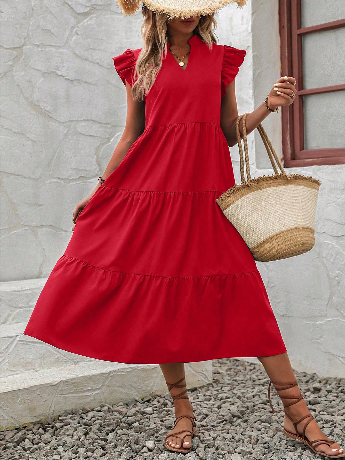 EMERY ROSE Notched Neckline Ruffle Trim Smock Dress For New Year Clothes Maxi Vacation Beach Outfits Women