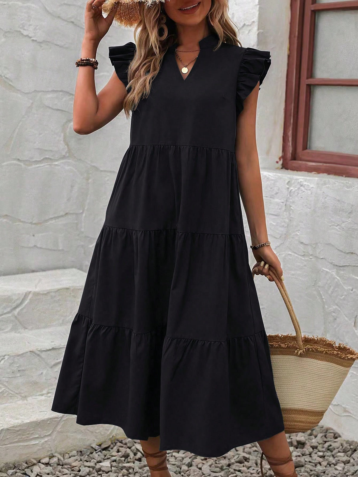 EMERY ROSE Notched Neckline Ruffle Trim Smock Dress For New Year Clothes Maxi Vacation Beach Outfits Women
