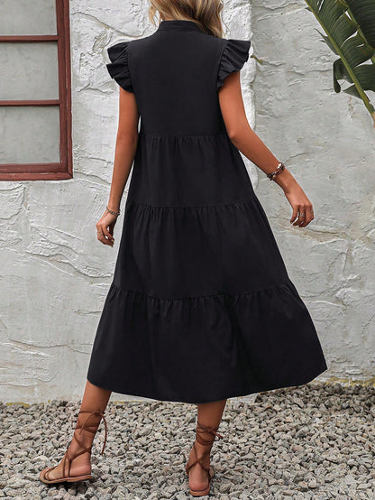 EMERY ROSE Notched Neckline Ruffle Trim Smock Dress For New Year Clothes Maxi Vacation Beach Outfits Women