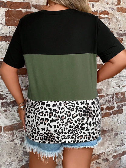 EMERY ROSE Plus Leopard Print Colorblock Patched Pocket Tee For Summer