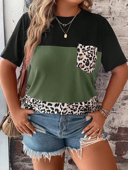EMERY ROSE Plus Leopard Print Colorblock Patched Pocket Tee For Summer