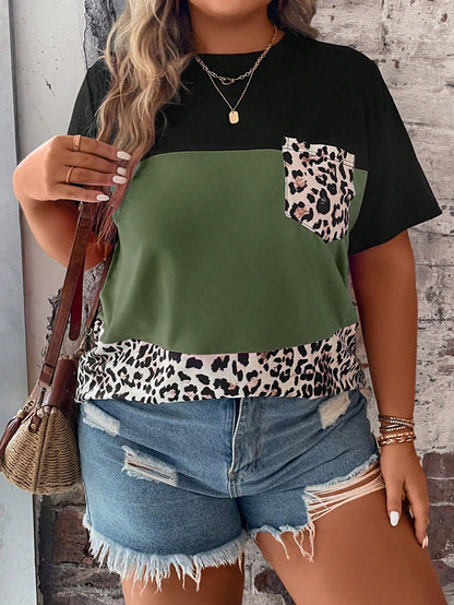EMERY ROSE Plus Leopard Print Colorblock Patched Pocket Tee For Summer